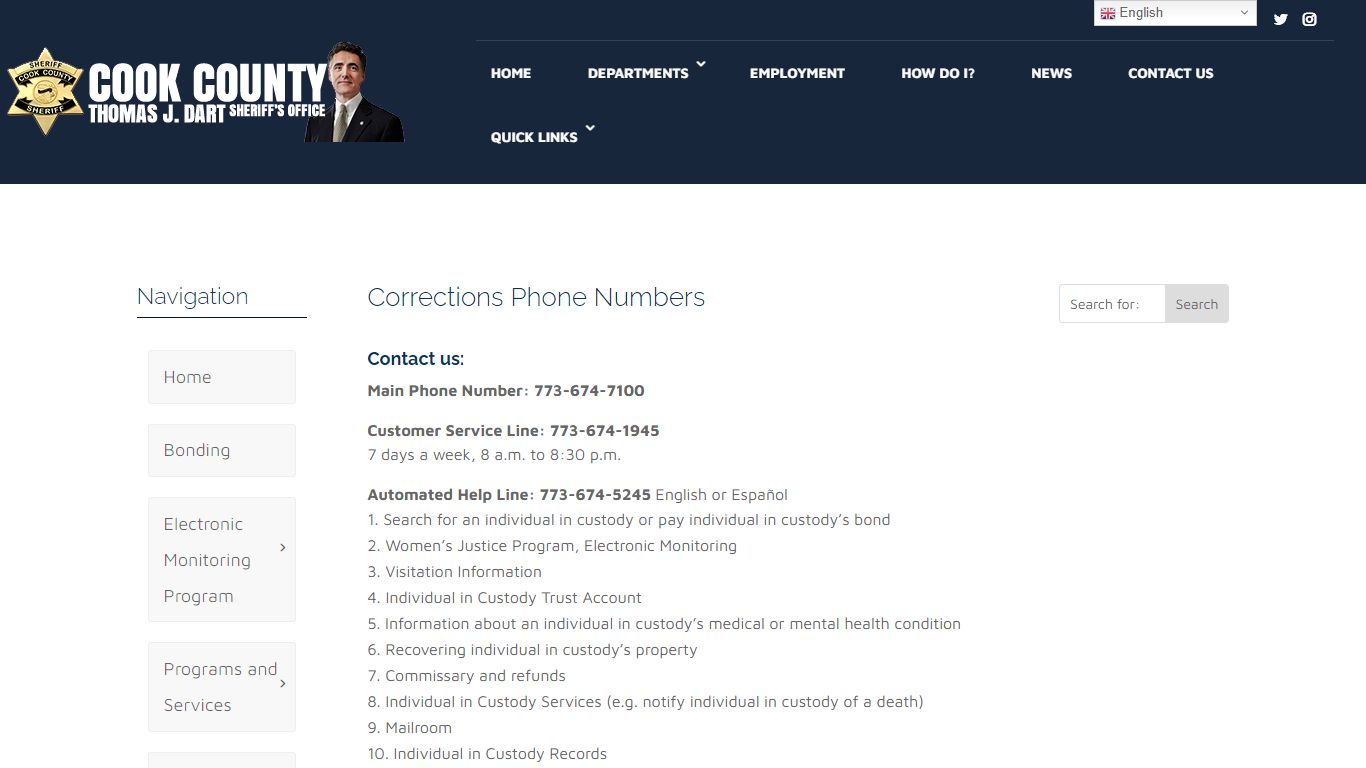 Corrections Phone Numbers - Cook County Sheriff's Office